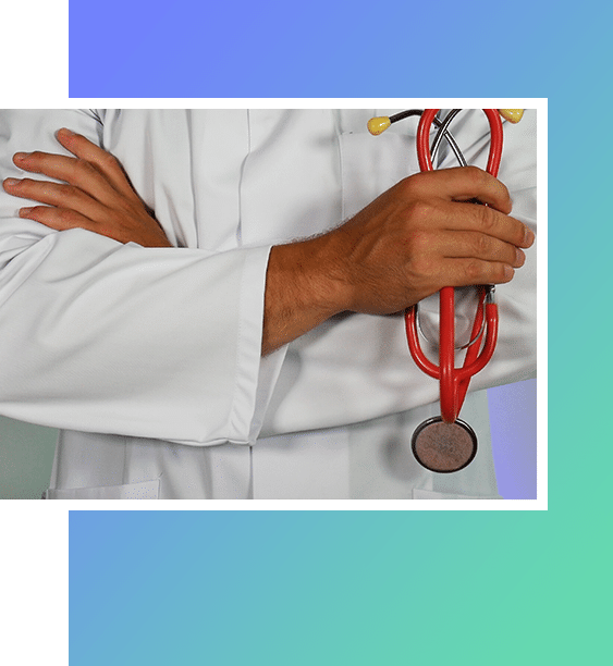 Doctor holding red stethoscope.