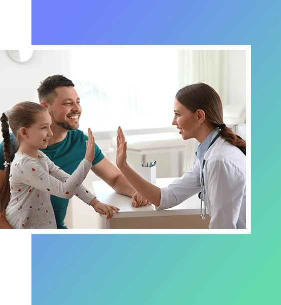 Doctor treating child patient happily.